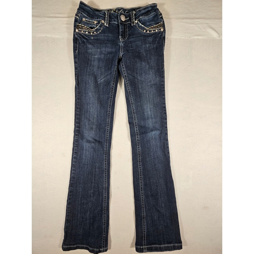 LA Idol USA Womens Size 3 Dark Wash Rhinestone Embellished Bootcut Jeans Y2K